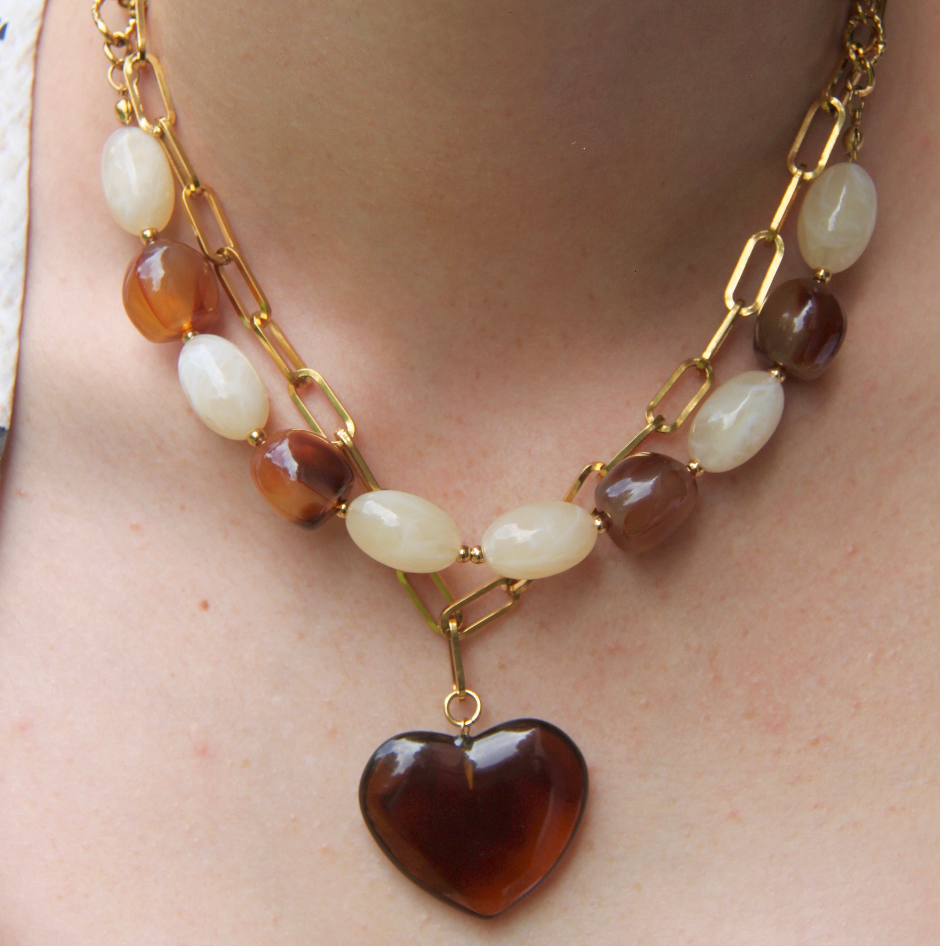 Amber, tigers eye stone statement necklace