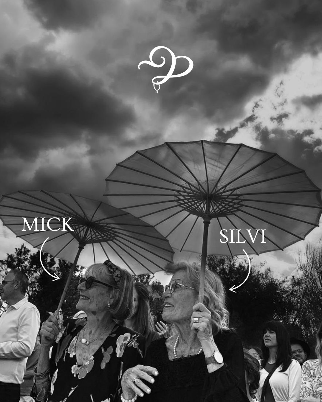 Two people holding umbrellas with 'Mick' and 'Silvi' labeled against a cloudy sky.