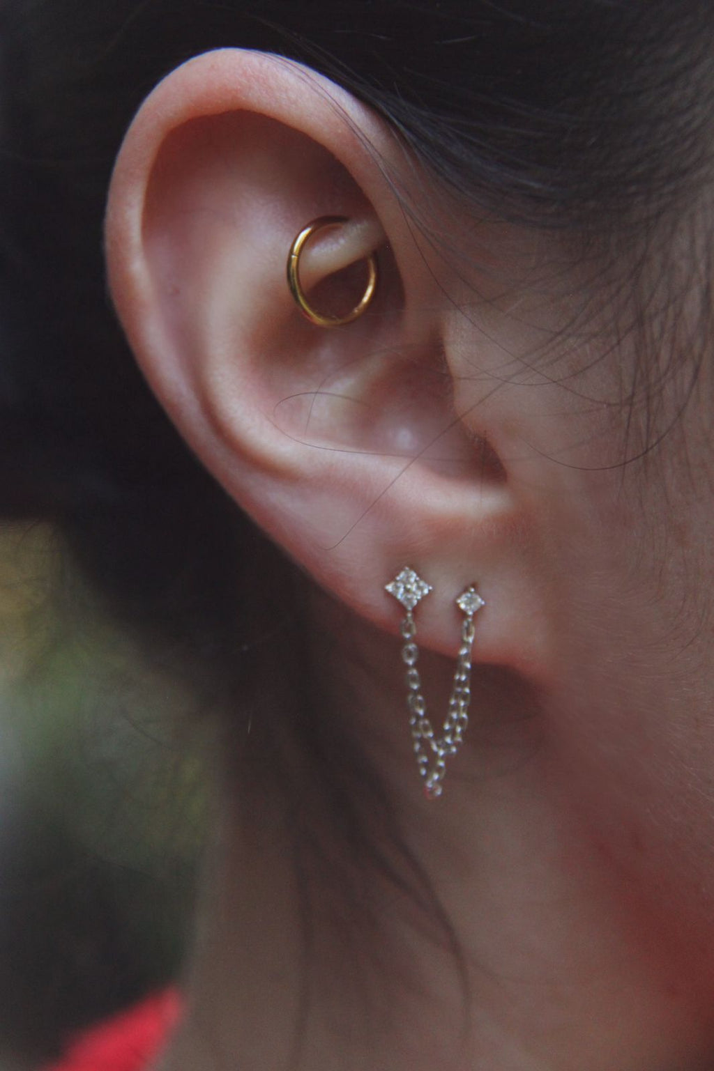 Double chain hanging clover earring pair